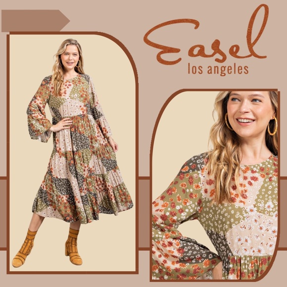 easel Dresses Easel Patchwork Mixed Floral Print Bell Sleeved Loose